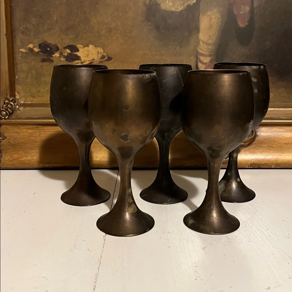 MCM BRASS Wine Goblets Set of (5) Miniature Vintage Rare Patina’d SOLID